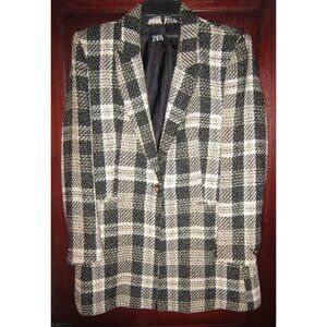 ZARA XL Long Blazer Jacket Suit Coat Tweed Woven Plaid Checked Fitted One Button